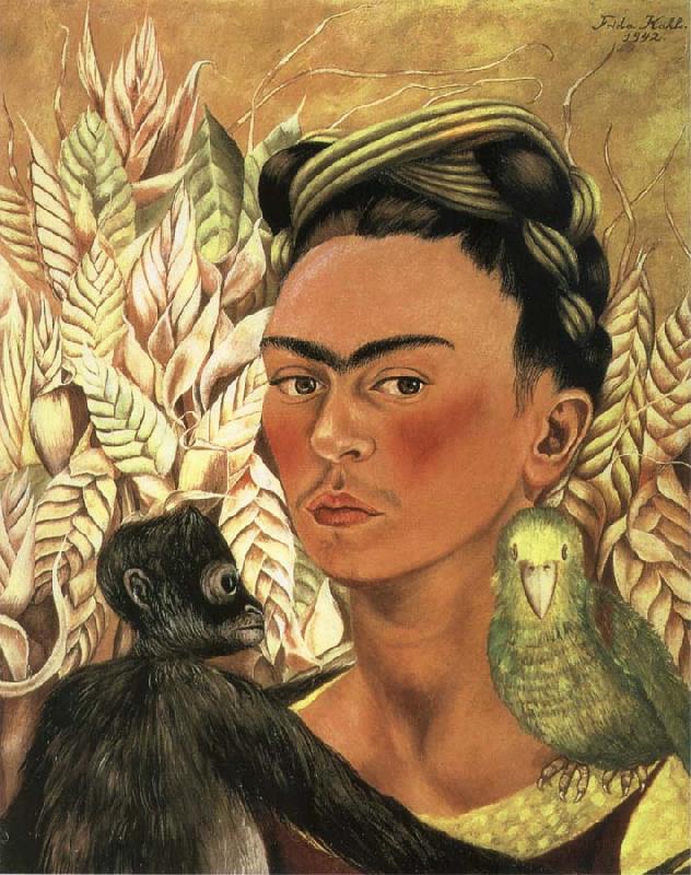 The self-portrait of monkey and parrot, Frida Kahlo